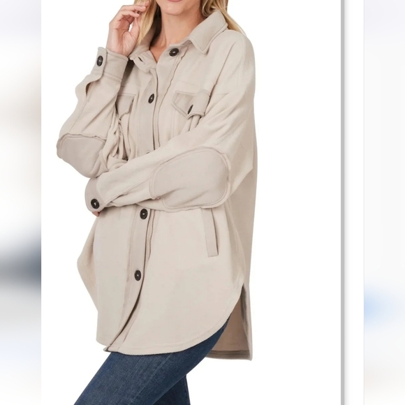 Zenana Beige Two Tone L/S Collared Button Front Elbow Patch Shacket Size XL - Picture 11 of 13